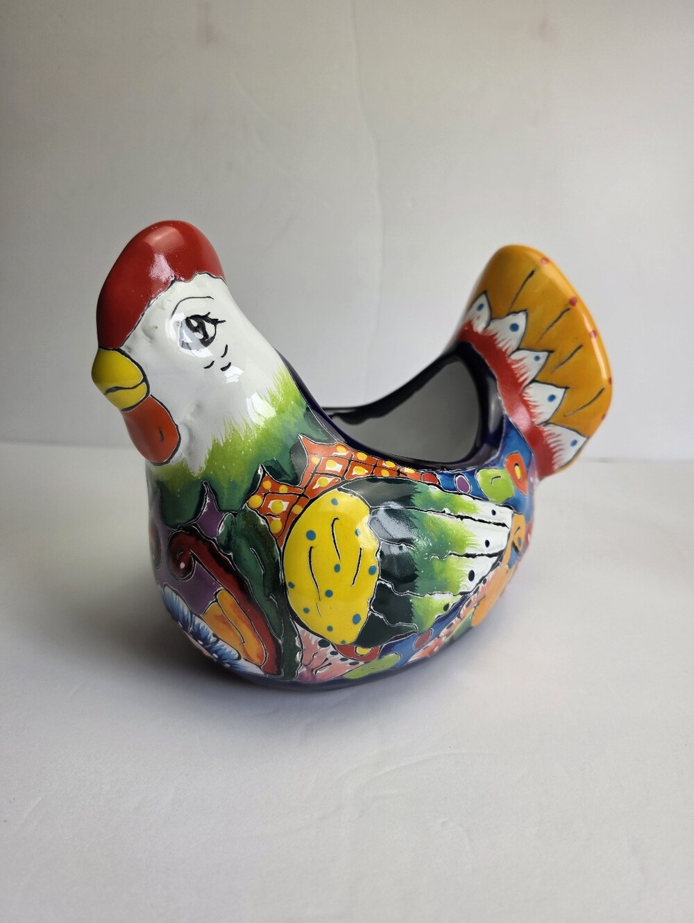 Talavera Style Colorful Chicken Planter Mexican Terra Cotta Art Pottery